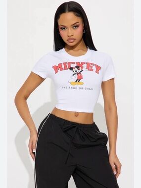 Disney White Cropped Mickey Tee with Red Logo